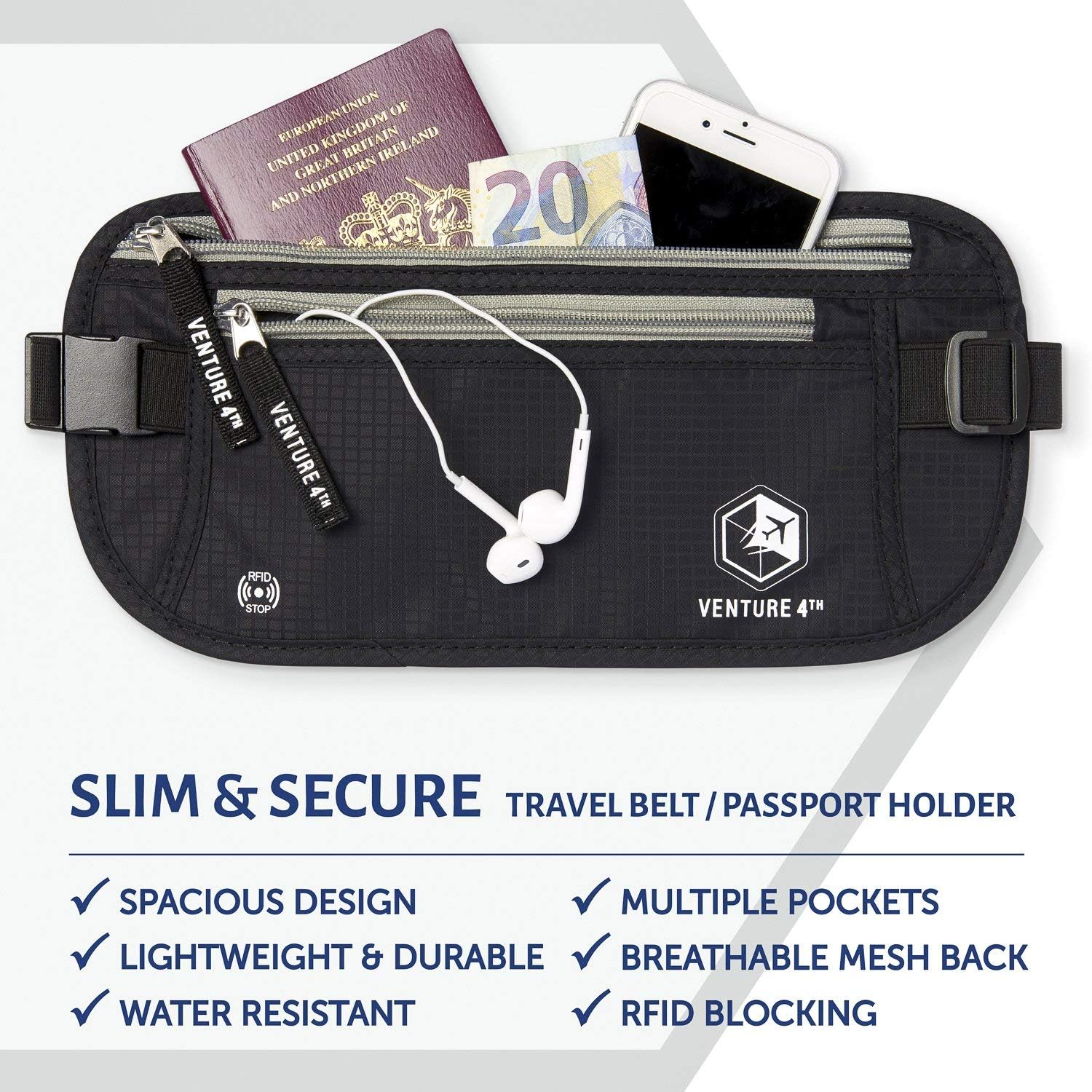  | Slim Minimalist Design Money Belt, RFID Blocking for Men & Women - Ideal for Keeping Your Cash, Credit Card, Passport, Phone Safe When Traveling (Black) | Travel Wallets