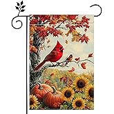 Fall Cardinal Red Bird Pumpkin Garden Flag for Outside 12x18 Inch Double Sided Burlap Welcome Autumn Thanksgiving Maple Leaf Sunflower Flowers Farmhouse Holiday Rustic Outdoor Yard Flag Home Decorations