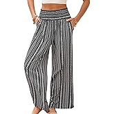 Dokotoo Women's Summer Boho Floral Bagyy Pants Wide Leg High Smocked Waist Casual Loose Palazzo Pants with Pocket