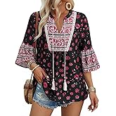 VALOLIA Womens Bohemian Peasant Tunic Blouse Floral Print V Neck Loose Casual Vacation Top
