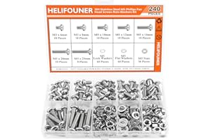 HELIFOUNER 240 Pieces M5 x 6mm /8mm /10mm /12mm /16mm /20mm /25mm, Phillips Pan Head Machine Screws, Metric Screws Bolts Washers Nuts Kit, 304 Stainless Steel