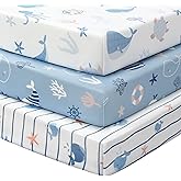 FIEMOL Baby Crib Sheets for Boys and Girls, 3 Pack Toddler Bed Sheets for 52”x28” Standard Toddler Mattresses, Soft Microfiber Fitted Crib Sheets Neutral Blue Ocean Whale
