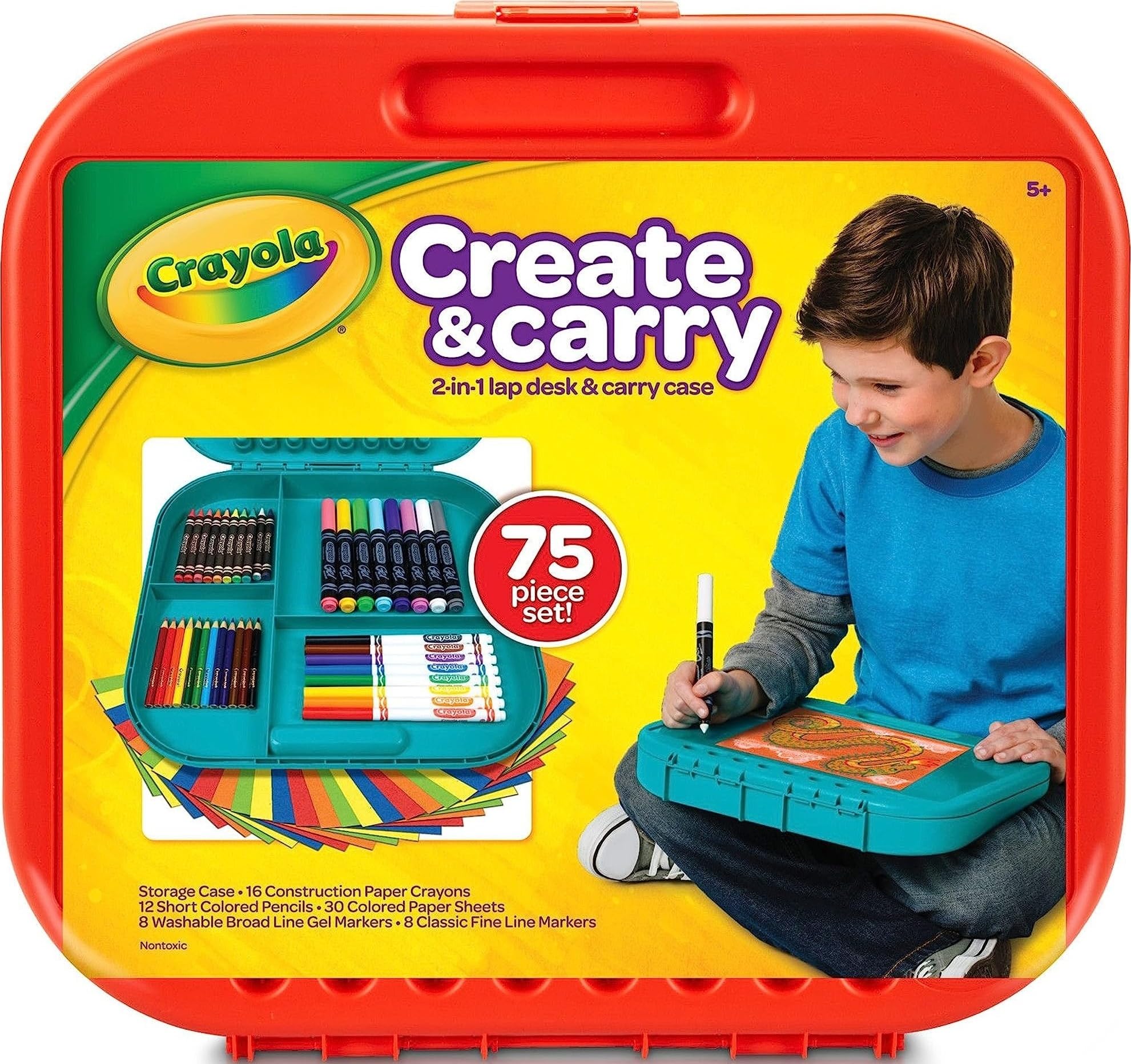 Crayola Create 'N Carry Travel Art Set para niños (75 piezas), escritorio 2 en 1 y estuche de transporte, kit de suministros de arte esenciales, manualidades de primavera, regalo para niños
