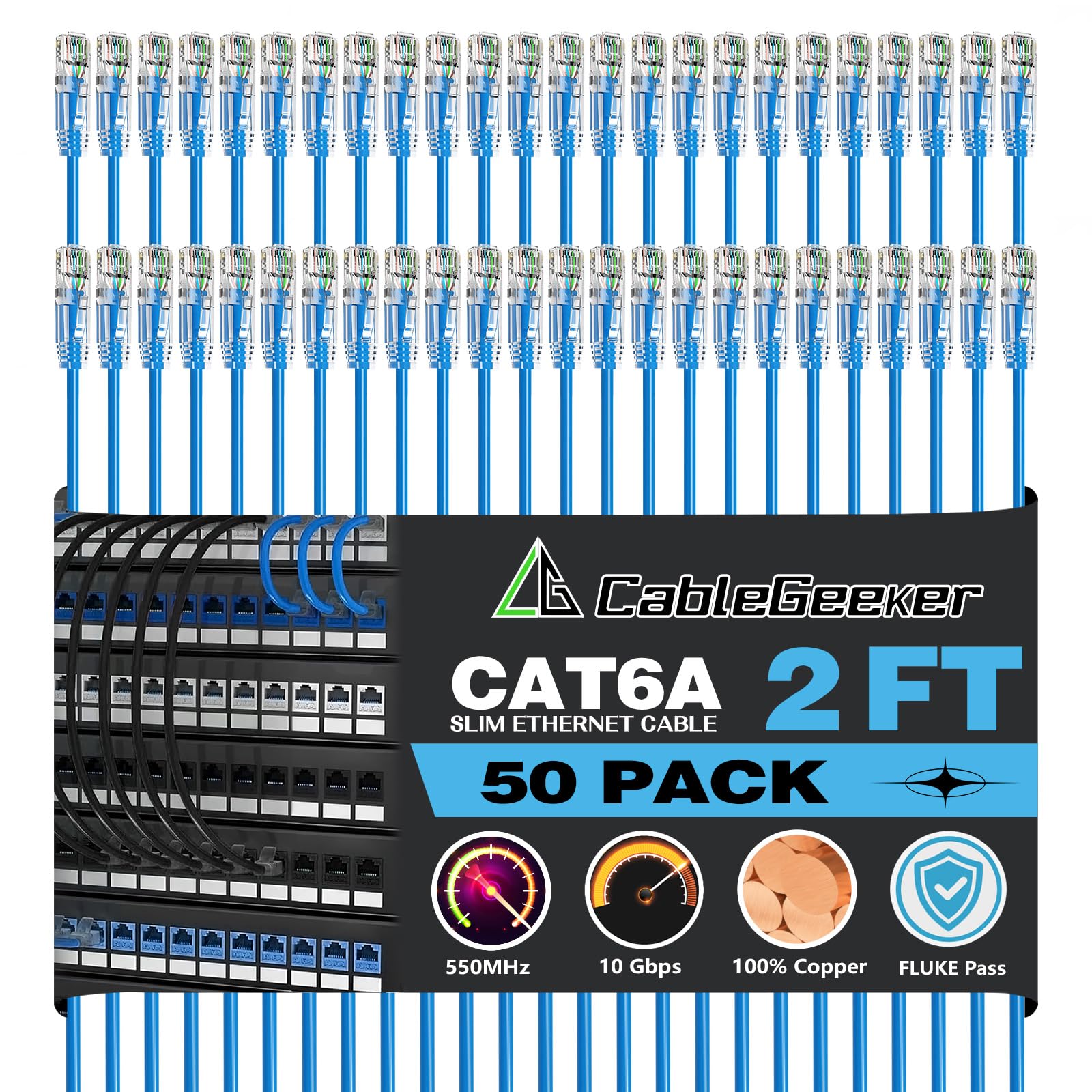 Photo 1 of CableGeeker Patch Cables Cat6a 2ft (50 Pack) Slim, Cat6 Ethernet Patch Cable 10G Support, Snagless RJ45 Cat 6 Patch Cable for Patch Panel to Switch, Flexiable Network Cable - 2 Feet Blue