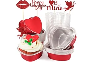 30 PCS Aluminum Foil Heart Cake Pan, Valentine Disposable Mini Cake Pans with Lids 100 ml/ 3.4 oz, Cupcake Baking Cups Rameki
