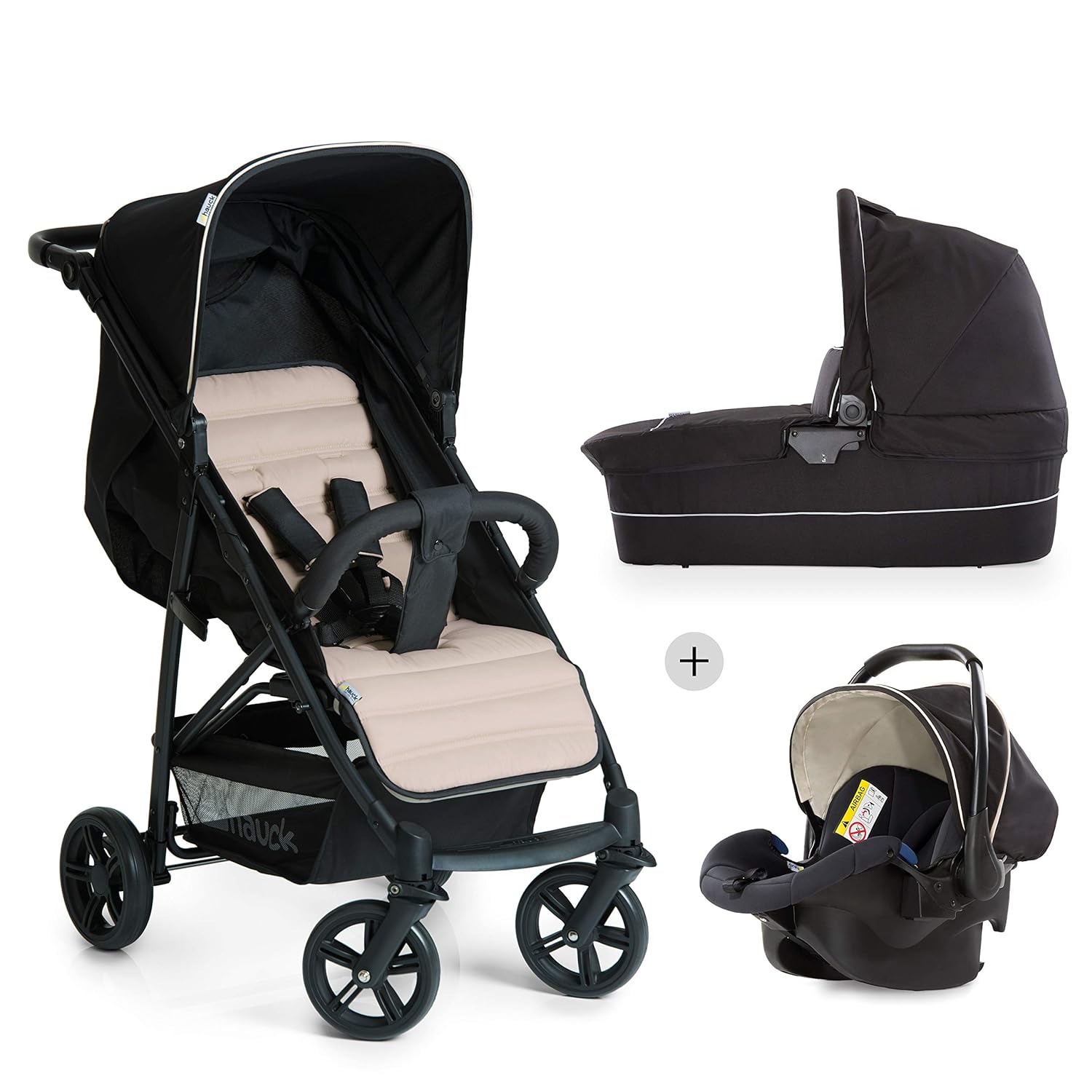 Hauck Rapid 4 Plus Trio Set 3 in 1 Kinderwagen Set bis 25 kg, isofix-fähige Babyschale, Babywanne mit Matratze ab Geburt, höhenverstellbarer Griff, klein faltbar, leicht, caviar/beige