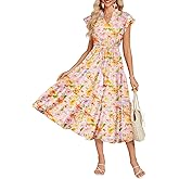 GRACE KARIN Womens Summer Floral Midi Dresses Short Sleeve Beach Wedding Guest Dress Drawstring Long Flowy Dress with Pockets