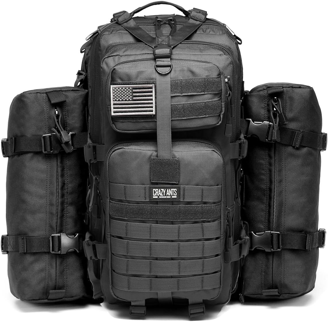 CRAZY ANTS Military Tactical Backpack Waterproof Outdoor Gear for Camping Hiking,Black + 2 Detachable Packs