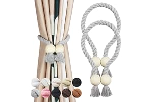 Porlau 2 Pack Grey Magnetic Curtain Tiebacks Cotton Hand Woven Tieback Holdback Decorative Tie Backs for Drapes with Wooden Buckle No Tools Required