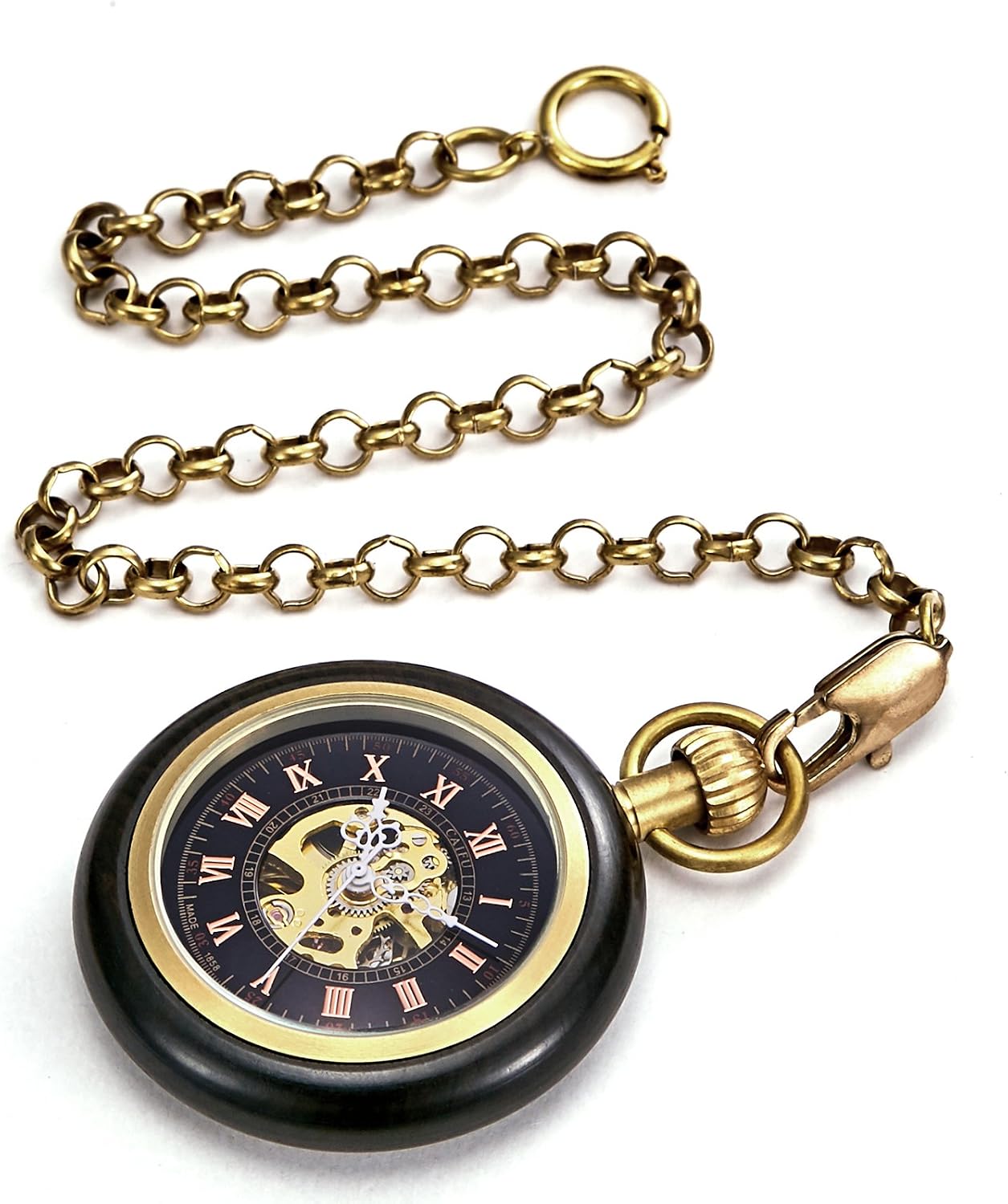 TREEWETO Black Wooden Mechanical Roman Numerals Pocket Watch Open Face Fob Watch for Men Women - Image 5