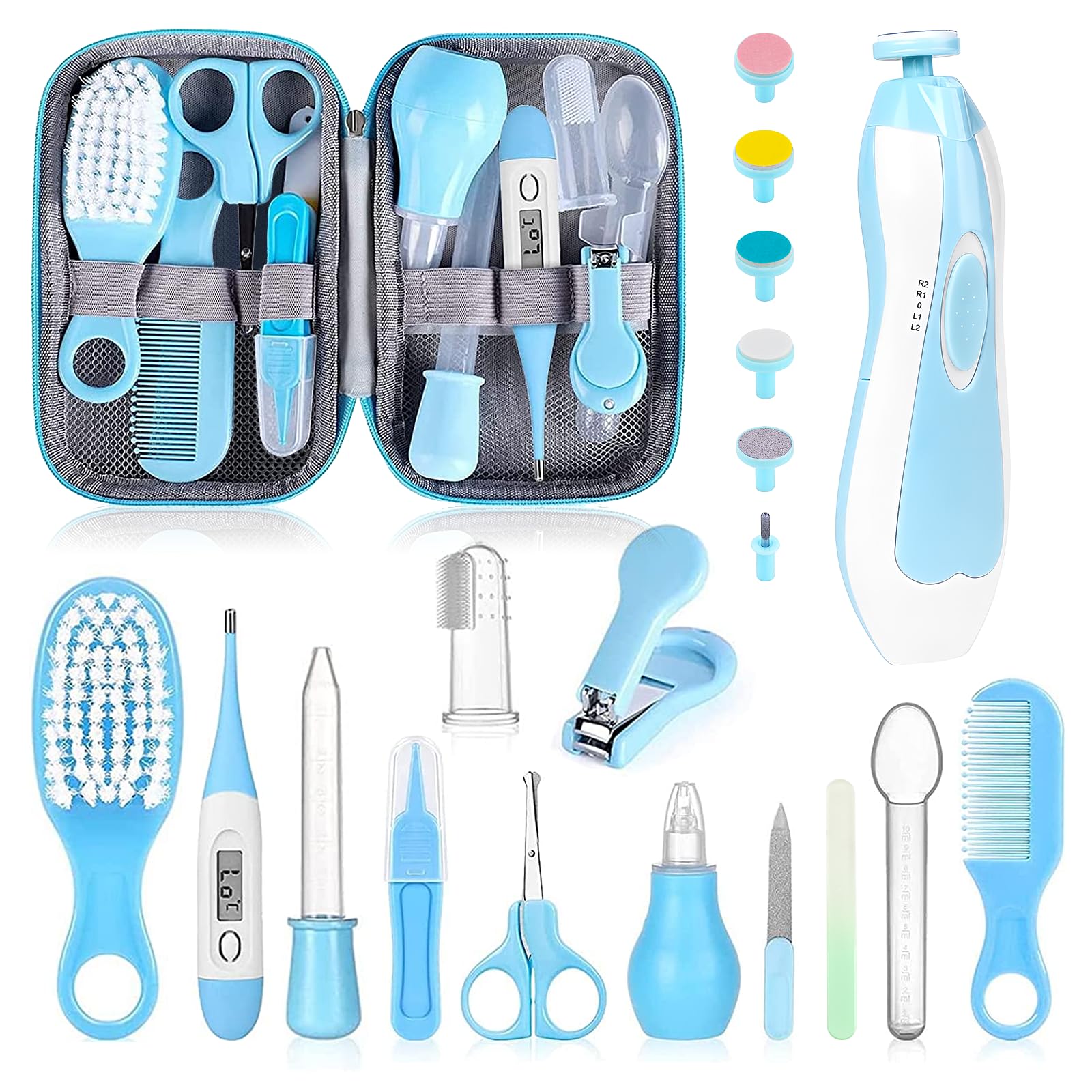 WXA Baby Grooming Kit, Infant Safety Care Set with Hair Brush Comb Nail Clipper Nasal Aspirator,Baby Essentials Kit for Newborn Girls Boys (Blue-20 in 1)