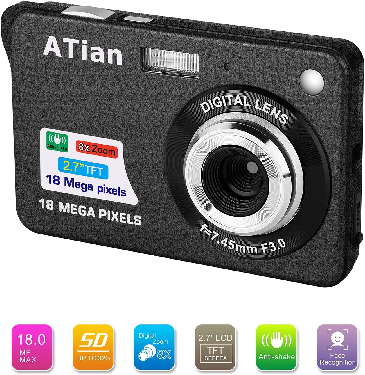 ATian 2.7" LCD HD Digital Camera Amazing Rechargeable Camera 8X Zoom Digital Camera Kids Student Camera Compact Mini Digital Camera Pocket Cameras for Kid/Seniors/Student (Black)