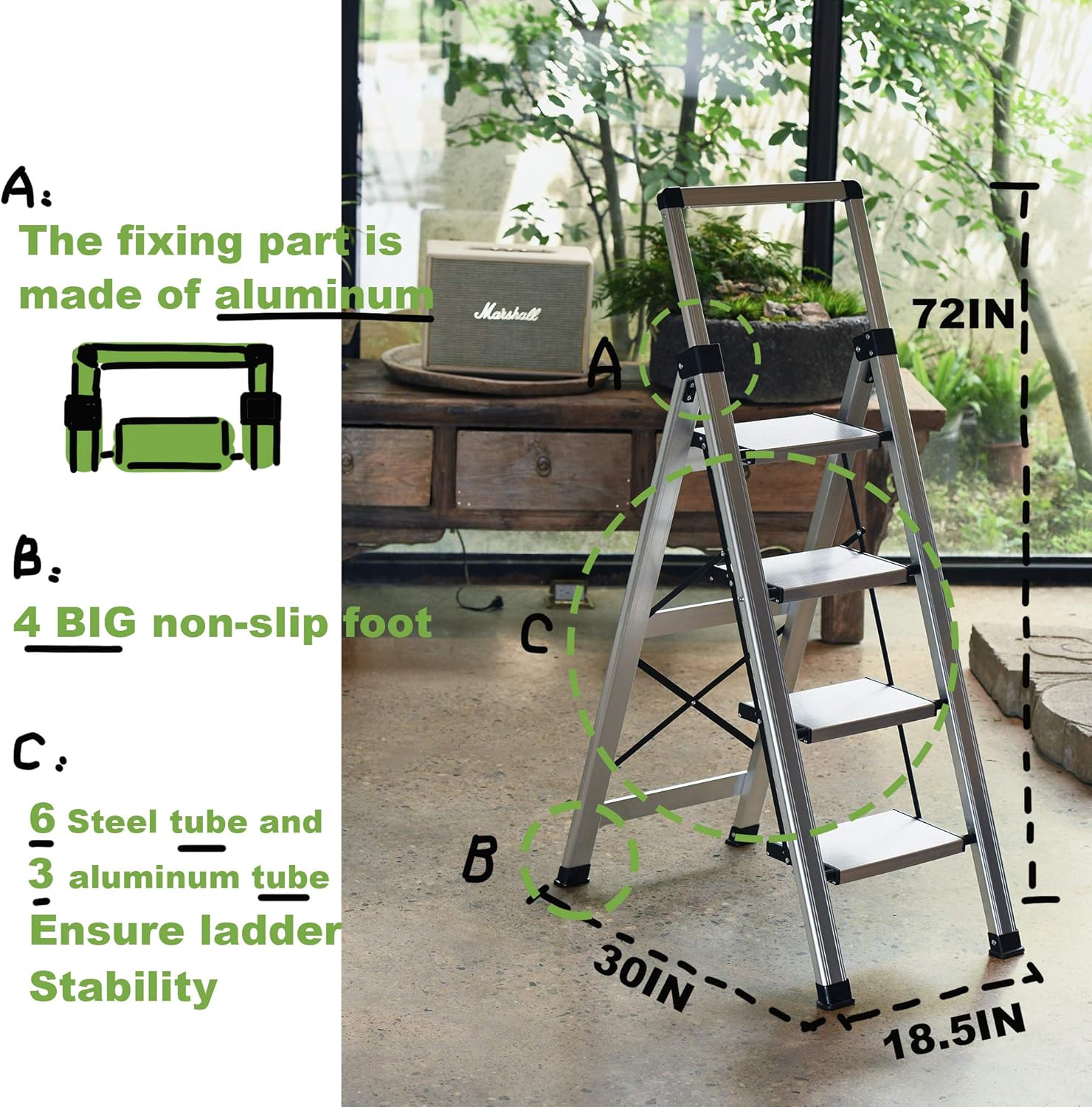 Xinsunho Retractable Handgrip 4 Step Ladder Safety Wide Pedal Step Stool Aluminum 300lbs Capacity Slim Design Ladder - - 