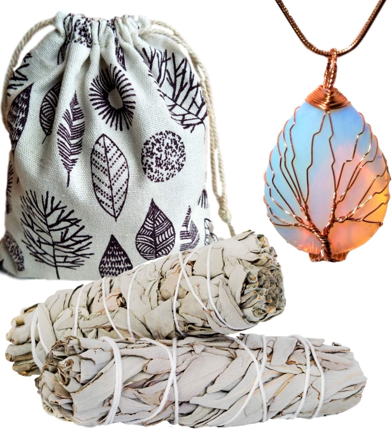 Sage Smudge Sticks Smudging Kit Opal Necklace Set, Wire Wrapped Energy Healing Gemstone Pendant Rose Gold Stainless Steel (Opal Tree of Life Rose Gold Set)