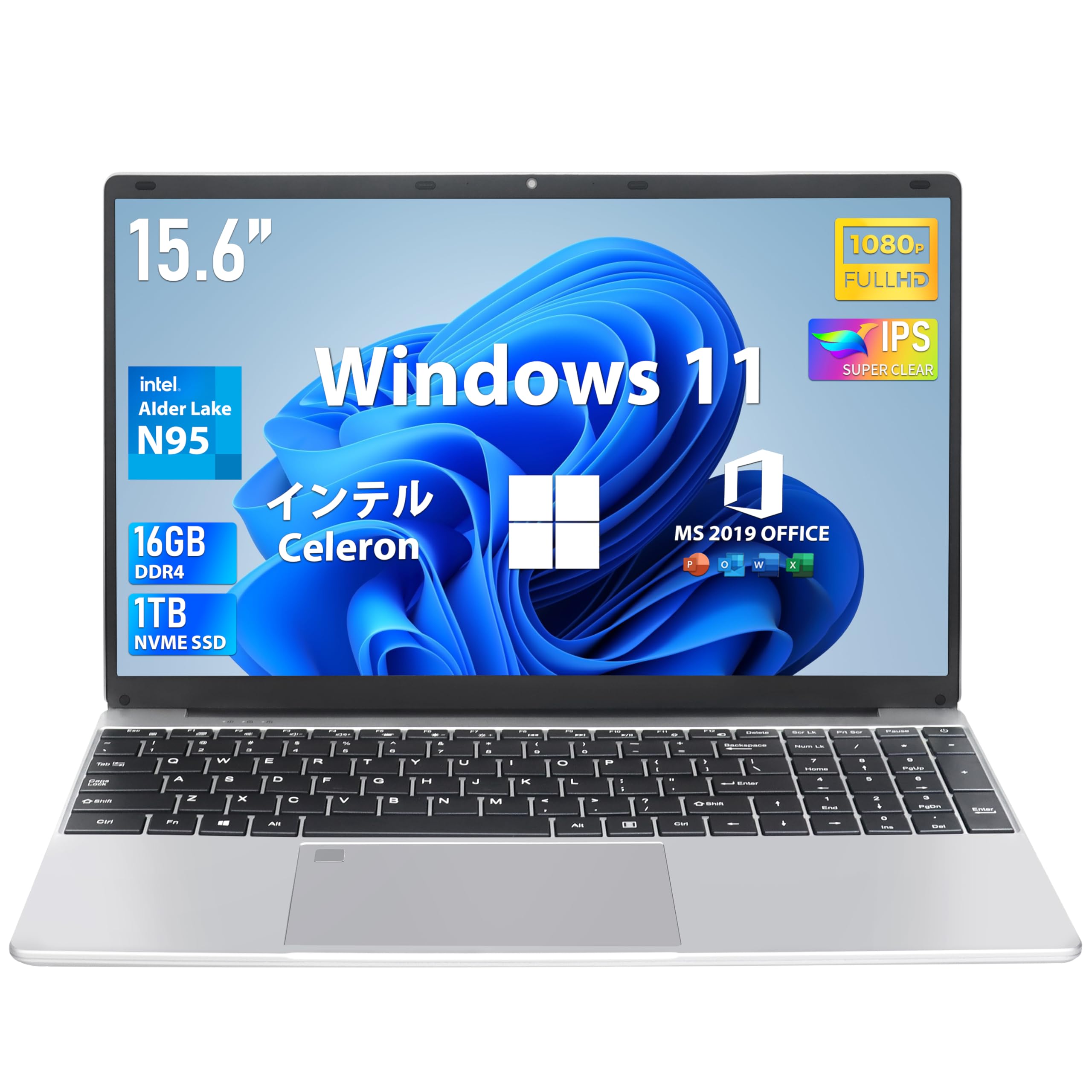 ノートパソコン【Win 11搭載】【MS Office 2019搭載】パソコンノート 日本語キーボードフィルム付き 15.6インチ 1920*1080 IPS 大画面 第12世代 Alder Lake N95 1.7Ghz～3.4GHz /メモリー:DDR4 16GB/Nvme 高速SSD:960GB 豊富な接続端子ハイスペック性能 laptop (SSD:960GB)商品画像
