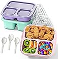 CSQLJ Snack Boxes (3 Pack), Meal Prep Containers Reusable, Stackable Bento Boxes with 3 Compartments, BPA Free Lightweight Lunch Containers for Kids and Adults (purple/green/pink)