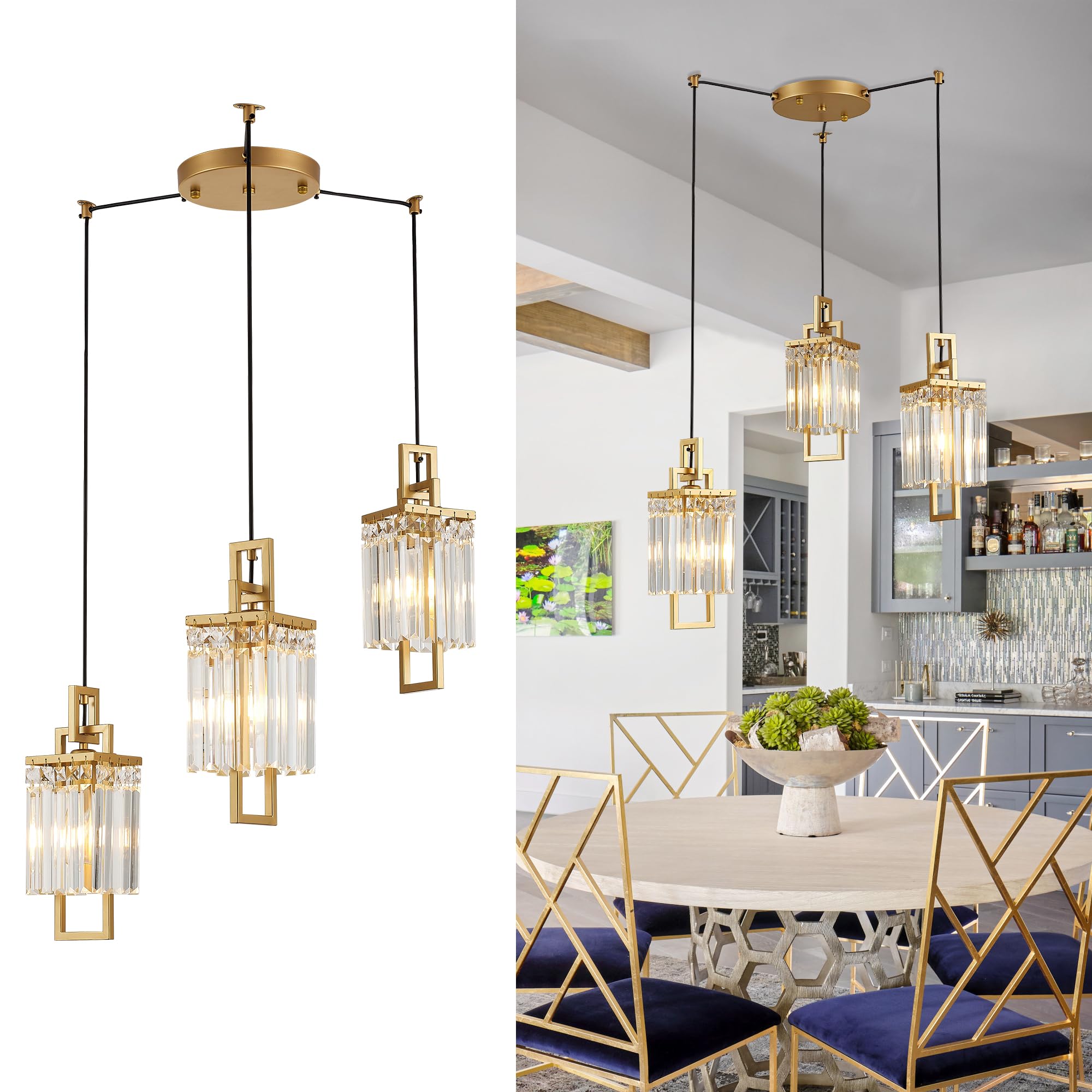lighceac Modern Gold 3-Light Crystal Pendant Light Fixture for Dining ...