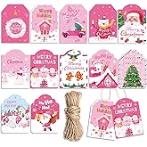 Qpout 120pcs Pink Christmas Gift Tags,Cute Winter Paper Hanging Tag Labels with String for Xmas Holiday Present Gift Boxes Wrapping Christmas Party Decorations,12 Styles