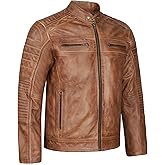 Leatherick Mens Distressed Tan Brown Genuine Leather Cafe Racer Biker Jacket Retro Style Vintage Jacket