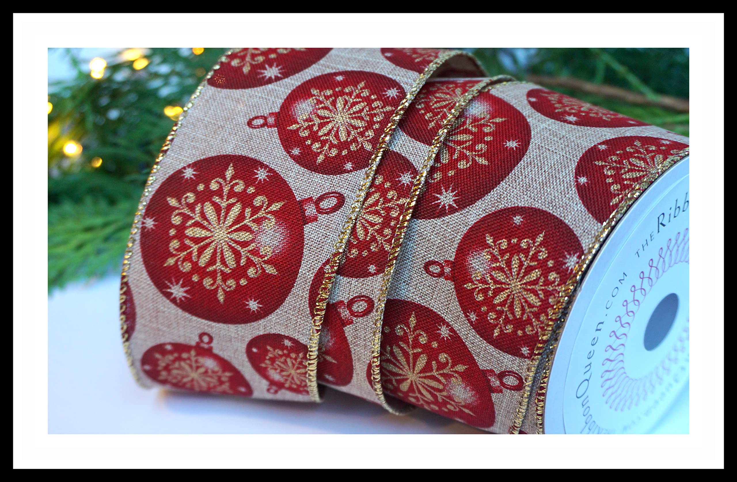 Ribbon Queen Wired Wire Edge Christmas Ribbon 2.5" Wreath Tree Tinsel Bow UK Stockist (5m, Victorian Red Baubles)