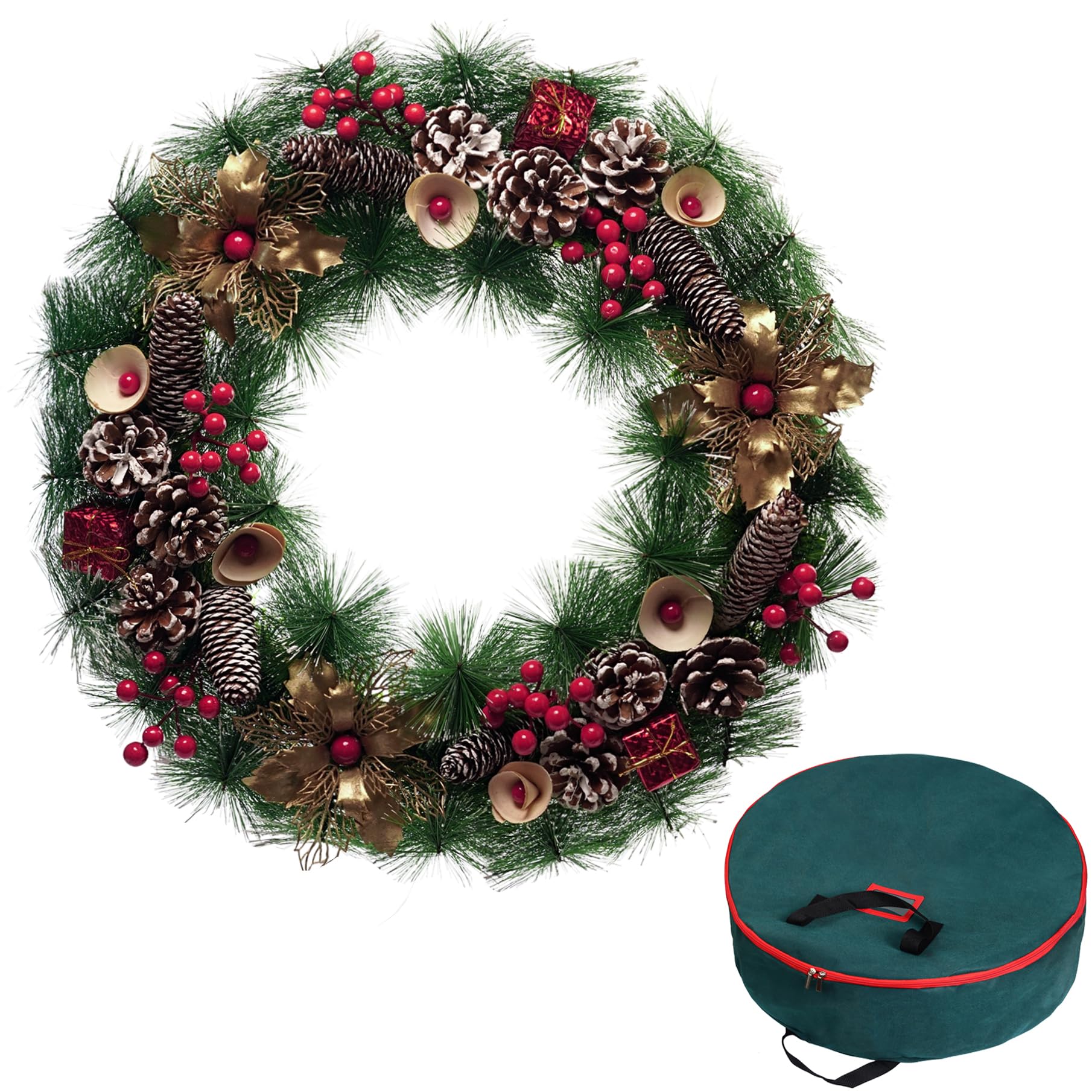 Photo 1 of SMOOTHWIND Artificial Christmas Wreath, Green, Decorated with Pine Cones, Snowflake, Gold Flower, Red Berry, Indoor Outdoor Xmas Decoration, Christmas Collection with Storage Bag, 24 Inches