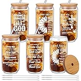 Suttmin 6 Pcs Christian Gifts for Women Religious Gifts Iced Coffee Cups, 16 Oz Drinking Glasses with Bamboo Lids and Straw Set Inspirational Birthday Gifts for Sister, Friend, Mom, Coworker