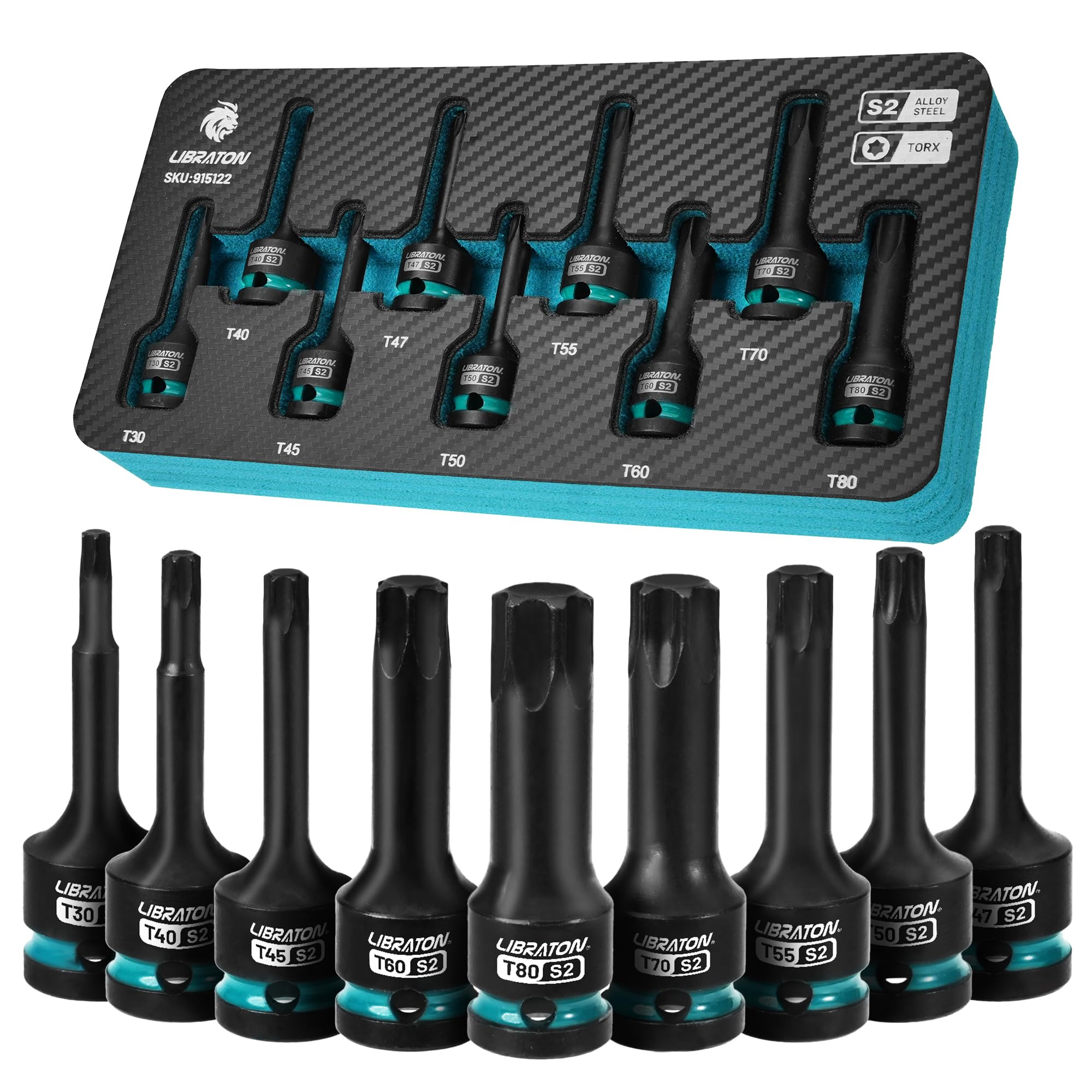 Photo 1 of LIBRATON Impact Torx Bit Socket Set, 1/2" Drive, S2 Steel, 9PCS Impact Star Bit Socket Set (T30-T80), High Impact Torx Sockets, Bit Socket Set, XPE Storage, Professional Mechanic and Automotive Repair