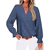 RUMIA Womens Blouses V Neck Eyelet Lace Tops with Lining Dressy Sheer Long Sleeve Shirts Embroidered Blouses 2025 Fashion