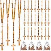 ZHLISHQINJJ 24 Pcs Wooden Rosary Necklace, Catholic Rosary Wood Carved Beads with Jesus Cross, First Communion & Baptism Favors, Light Brown