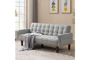 Betoko Linen Futon Sofa Couch 73.6" Fabric Upholstered Convertible Sofa Bed Minimalist Button Tufted Small 3 Seater Sleeper Futon Couch Set for Living Room Bedroom (Grey)
