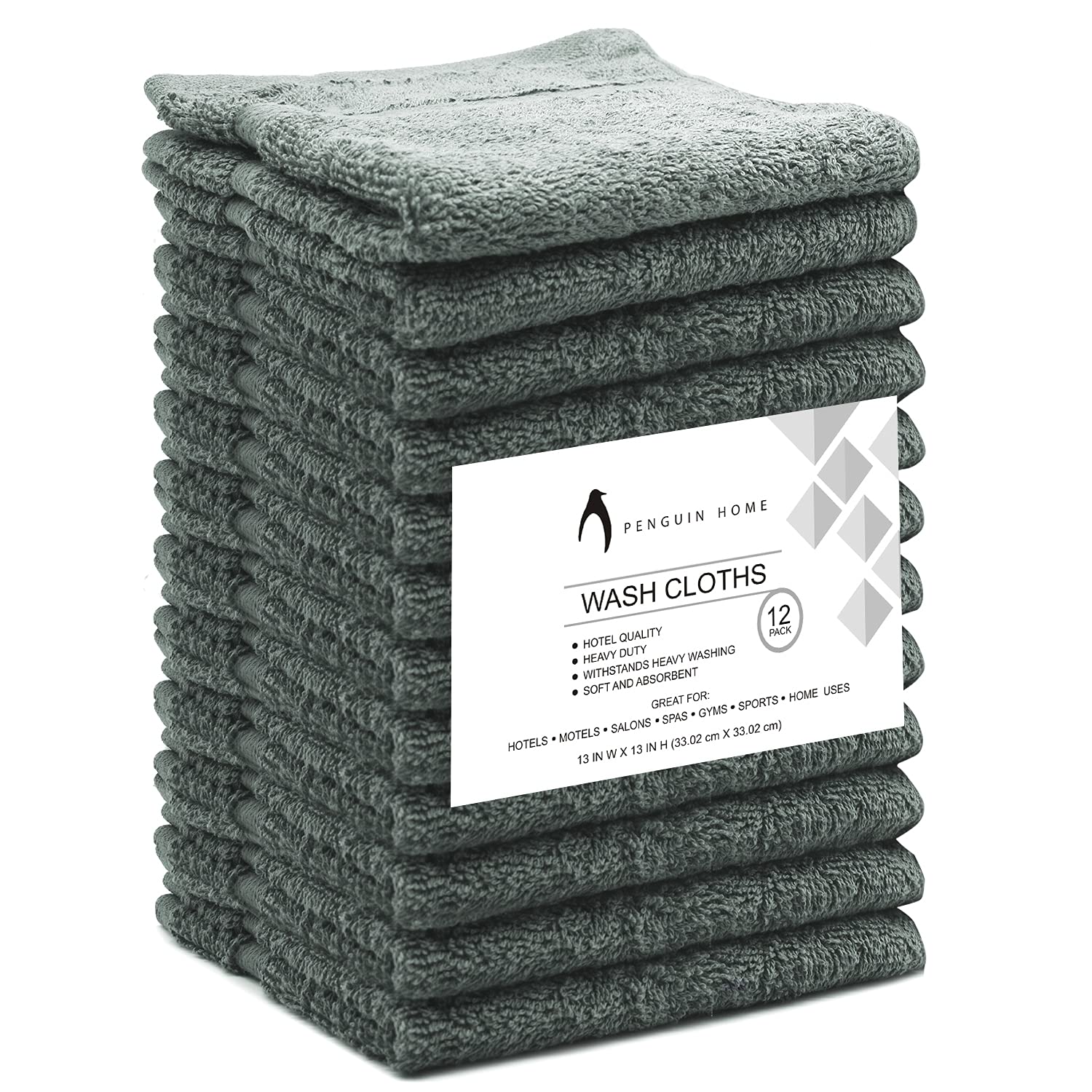 Penguin Home 100% Cotton Washcloths 12 Pack Set | Premium Quality Flannel Face Cloths | Highly Absorbent and Soft Feel Fingertip Towels | Washcloths 33 x 33 cm (13x13 in) | 520 GSM