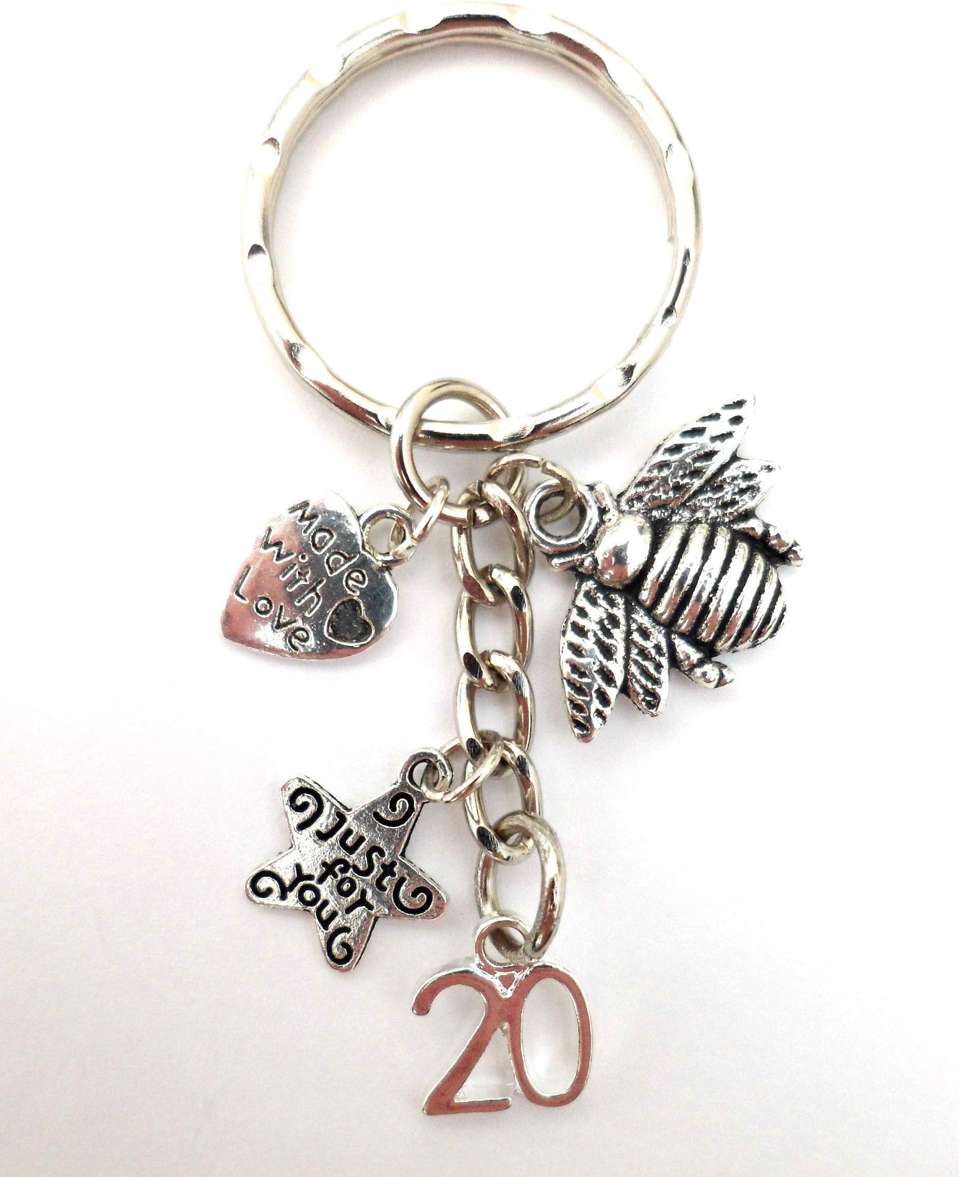 Love Heart Keyring 20th Anniversary Birthday Charm Bumble Bee Pendant