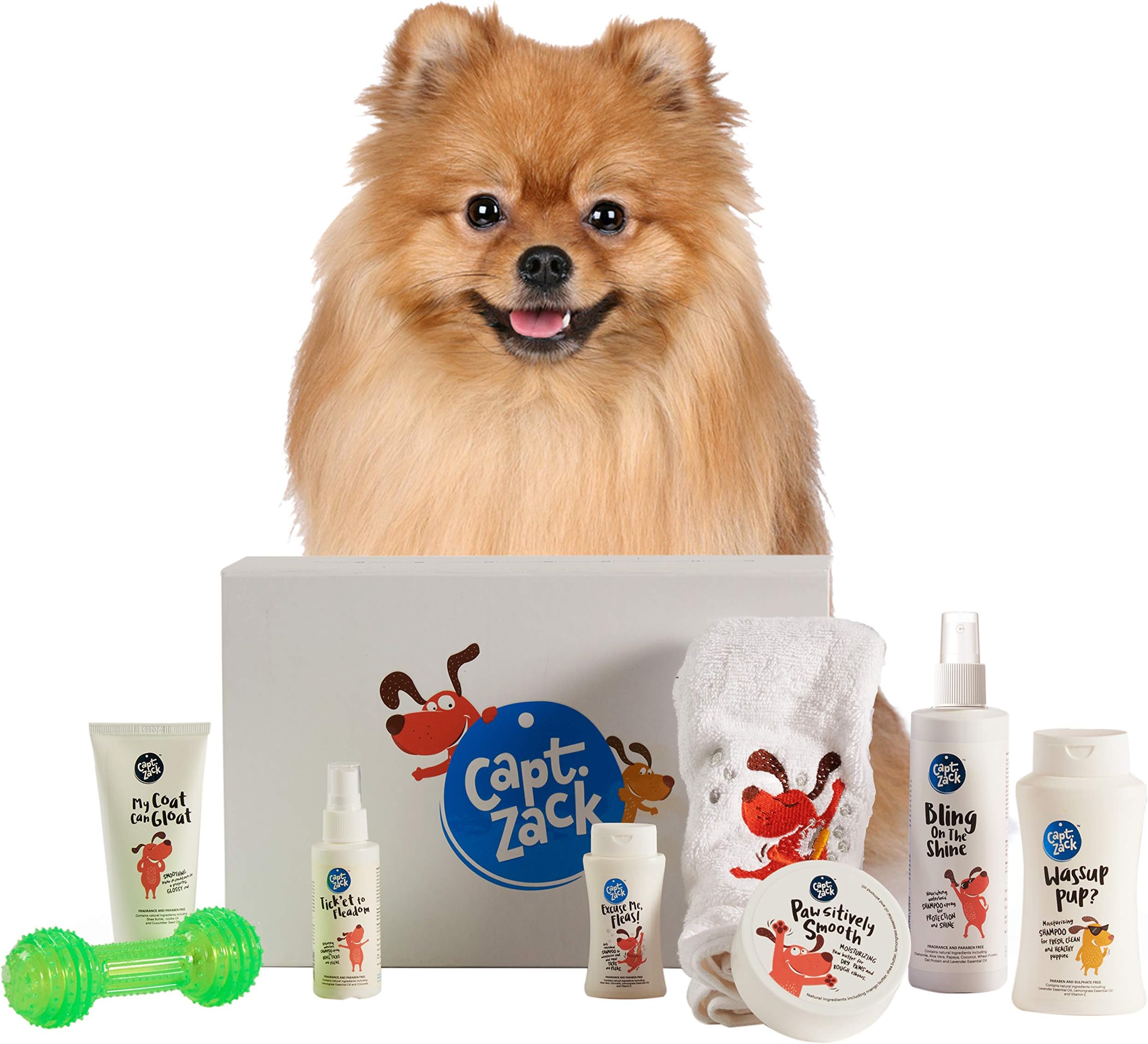Captain Zack - The Pomeranian Groom Box – Ultimate 8-in-1, Head-to-Paw Groom-Kit for Your Dog - (Shampoo +Conditioner +Dry Shampoo +Paw Butter +Toy +Towel) - pH Neutral and Paraben Free