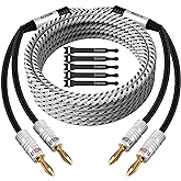 Elecan 14 AWG Speaker Cable Wire 8 Feet with Gold-Plated Banana Tip Plugs-CL2 Rated-in Wall-Heavy Duty Nylon Braided, Oxygen-Free Copper (OFC)-White-with 5 Cable Ties