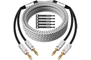 Elecan 14 AWG Speaker Cable Wire 6 Feet with Gold-Plated Banana Tip Plugs-CL2 Rated-in Wall-Heavy Duty Nylon Braided, Oxygen-Free Copper (OFC)-White-with 5 Cable Ties