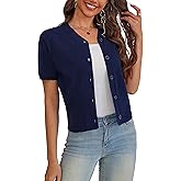 VOIANLIMO Women's Sweater Cropped Knit Long Sleeve Cardigan Lightweight Bolero Short Shrugs V-Neck Button up Tops