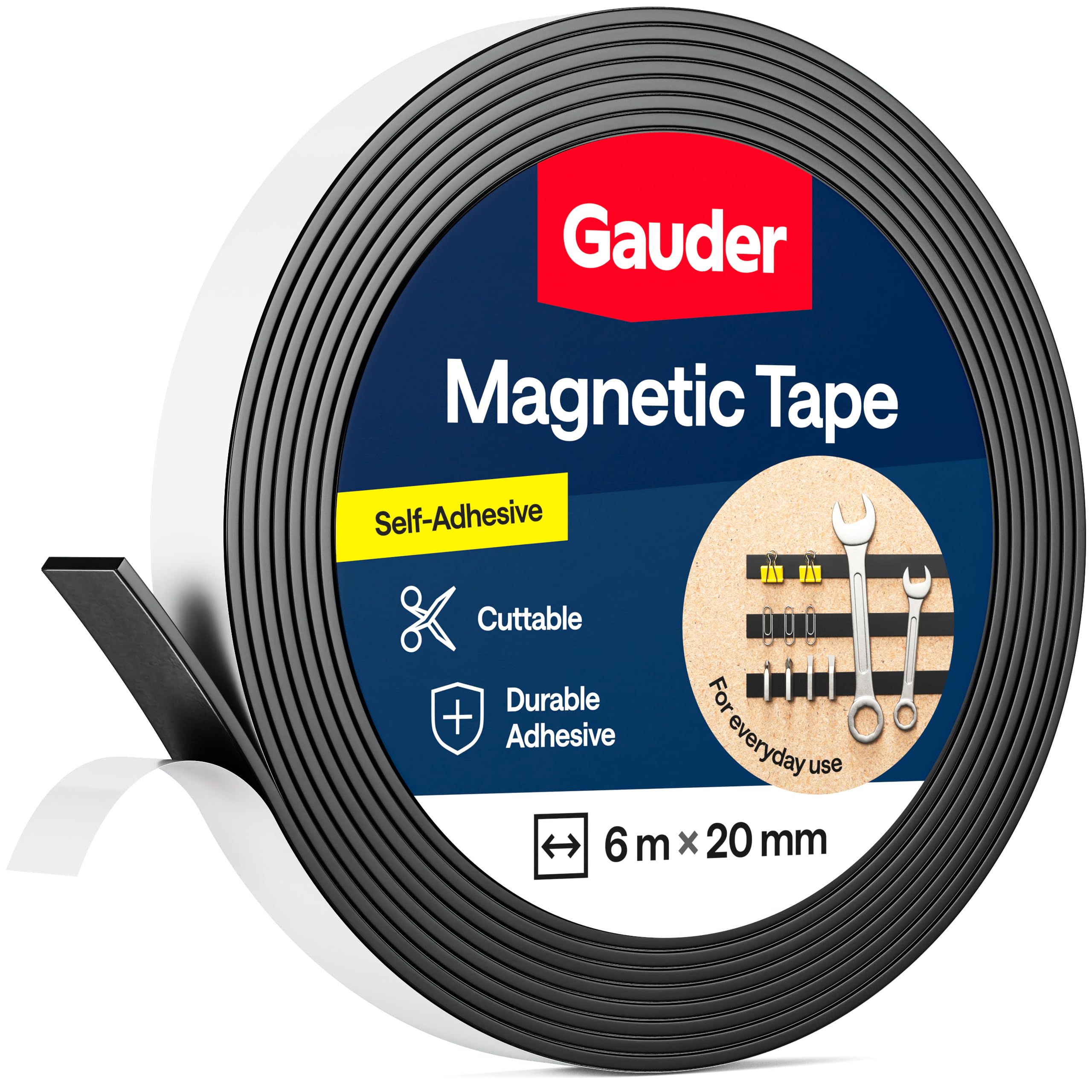 GAUDER Magnetic Tape Self-Adhesive Strong - Cuttable Magnet Strip with High Magnetic Strength - Sticky Magnet Tape with Strong Adhesive (6 m x 20 mm)