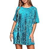 YISENRIY Women's Crew Neck Sequin Dress for Women Sexy V Neck Shirt Dress Sparkly Half Sleeve Loose Party Club Cocktail Dress