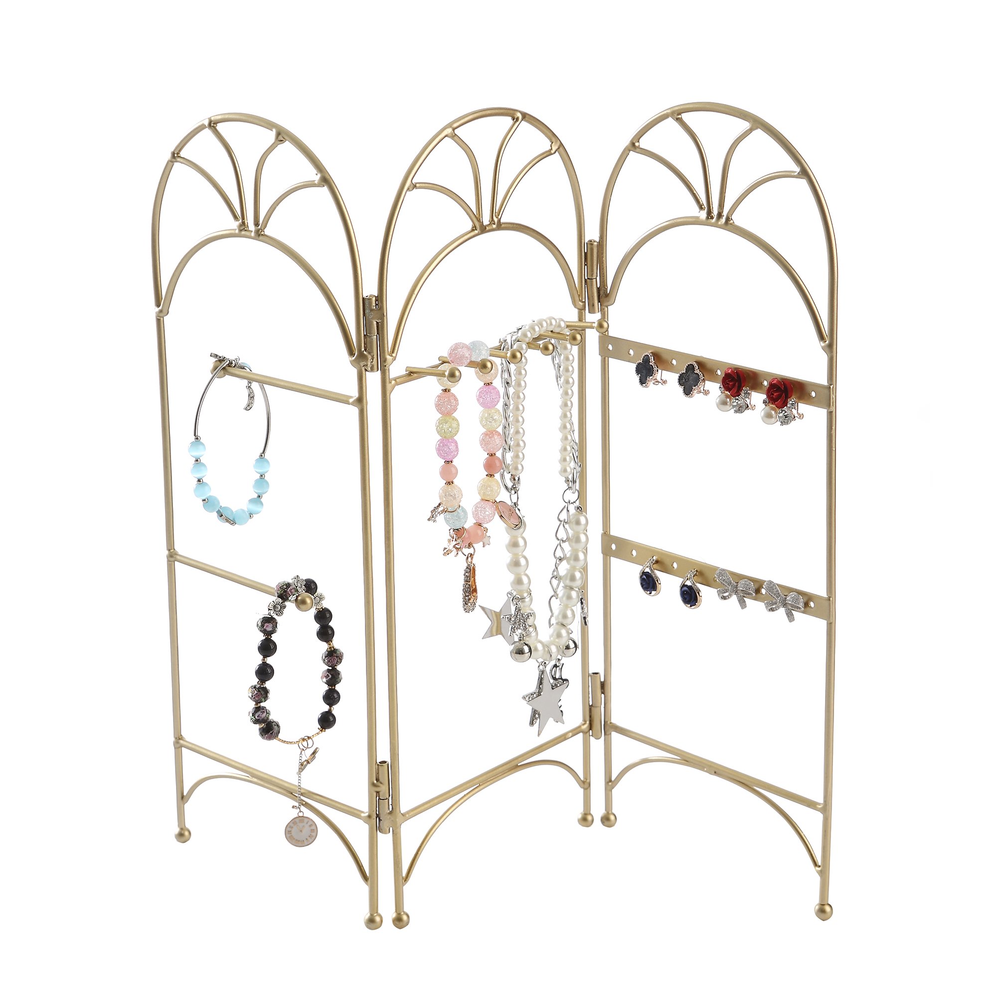 Modern Gold Metal 3 Panel Trellis Folding Jewelry Hanger Organizer for Bracelet, Earrings, Necklace