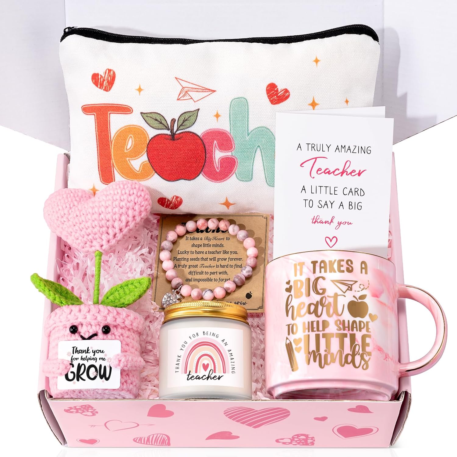 Teacher Appreciation Gifts for Women,Teacher Valentine Gifts from Students,Funny Christmas Back to School End of Year Thank You Basket Box,Unique Birthday Gift Ideas with Crochet Flower Makeup Bag Mug