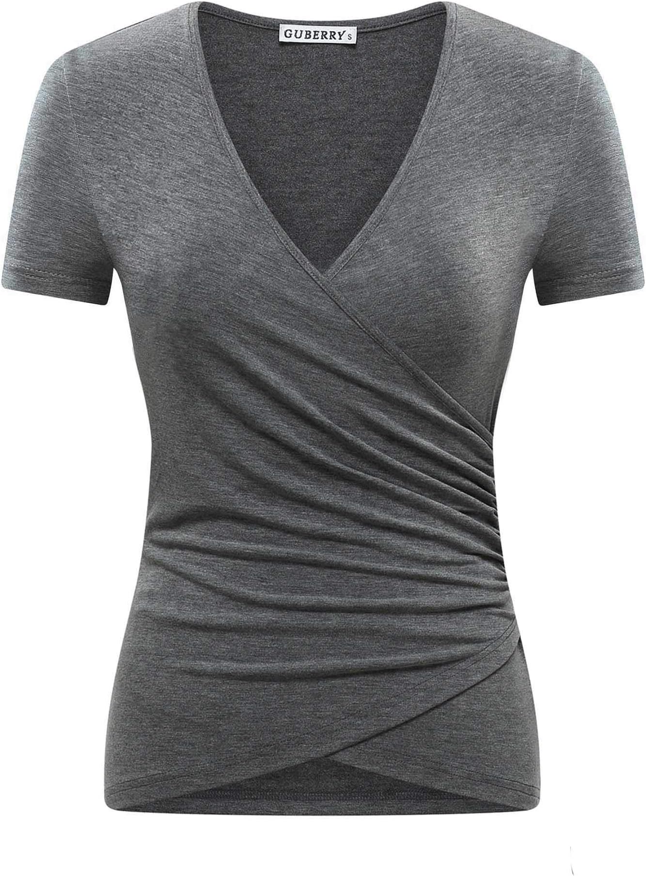 GUBERRY Women's Deep V Neck Short Sleeve Unique Cross Wrap Sexy Slim Fit Tops