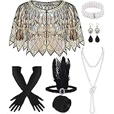 PLULON 8 Pcs 1920s Flapper Accessories Set for Women, Great Gatsby Dresses Sequin Shawl Wraps Roaring 20s Dresses for Party