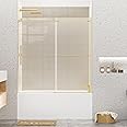 Sunrosa Bathtub Shower Doors 60"×60", Single Sliding Bathtub Door, Bath Tub Shower Door with Tempered Glass, Shower Glass Door for Bathtub in Brushed Gold I