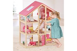 Tiny Land Wooden Dollhouse for Girls - 6 Rooms Wooden Doll House, DIY Pretend Doll House with 31Pcs Furniture Accessories, Creative Gift for Girl Ages 3+