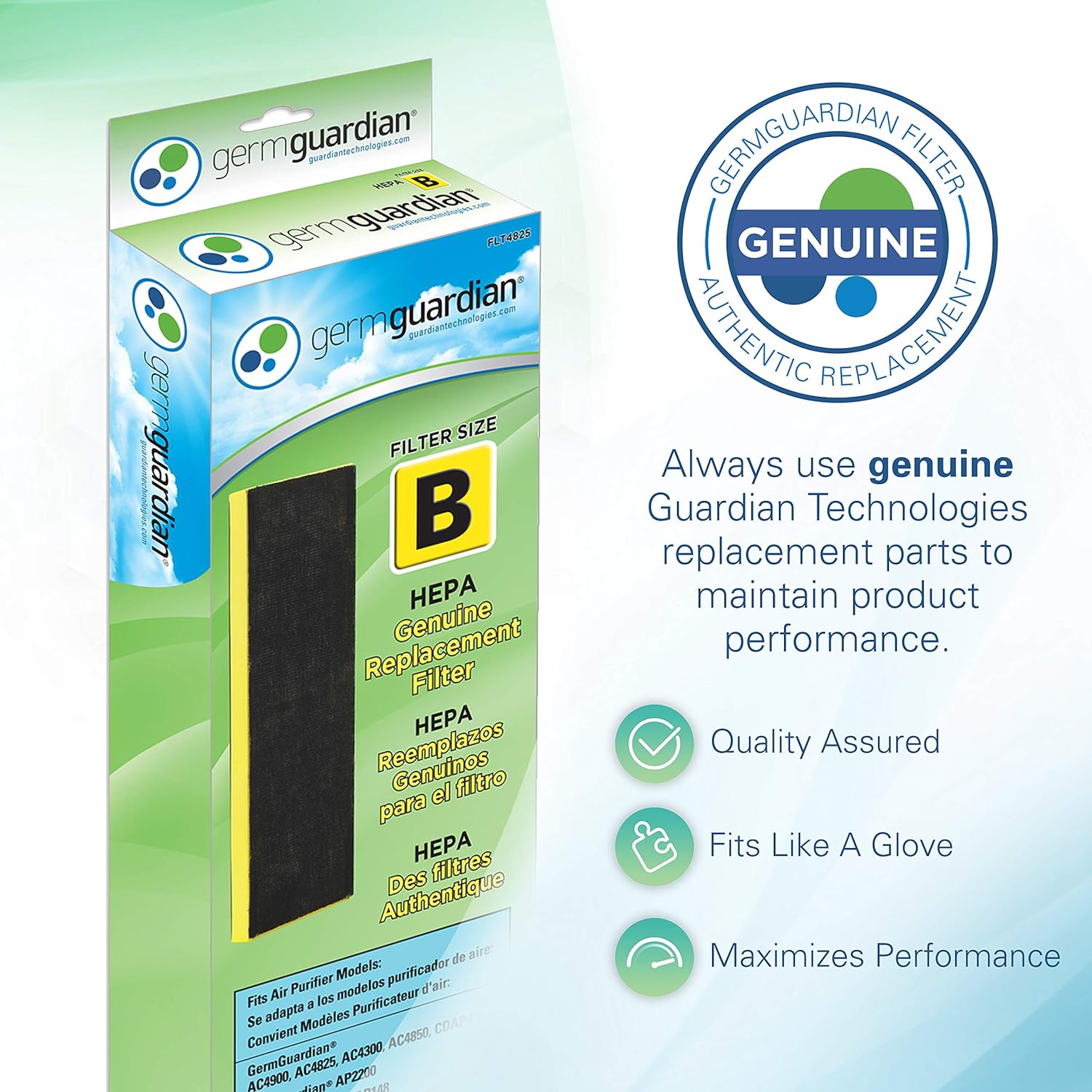 Germ Guardian FLT4825 HEPA GENUINE Air Purifier Replacement Filter B for GermGuardian AC4300BPTCA, AC4900CA, AC4825, AC4825DLX, AC4850PT, CDAP4500BCA, CDAP4500WCA and More, 1-Pack: Home & Kitchen