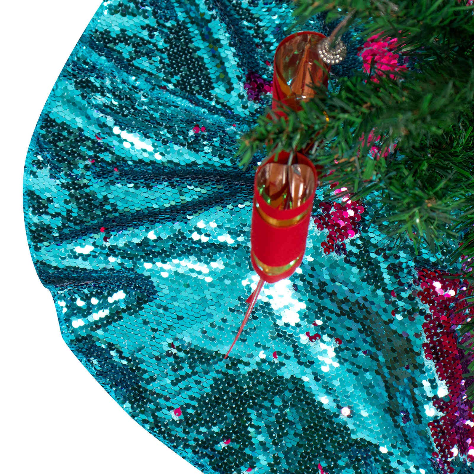 ShinyBeauty Christmas Tree Skirt 48 Inch Turquoise to Fuchsia Two Tone Sequin Material Tree Skirt for Christmas Tree Xmas Sequin Tree Skirt Halloween Wedding Party Decoration