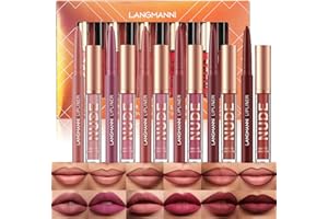 Jolilab 12Pcs Matte Lip Liner + Liquid Lipstick Set, One Step Velvety Nude Lip Stain Waterproof Long Wear High Pigment Lip Ma
