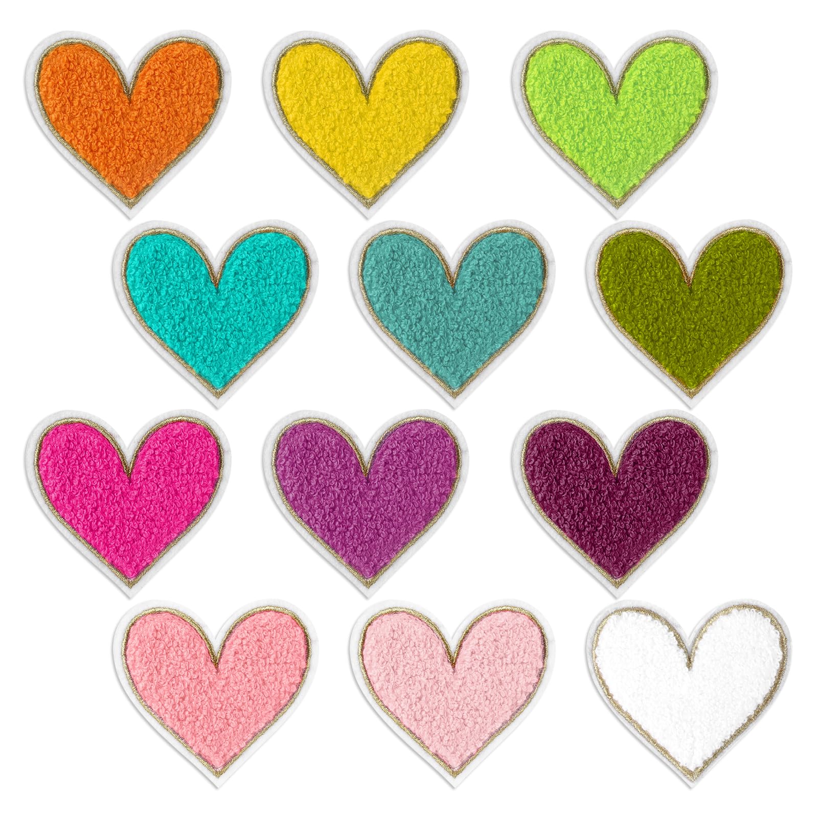 Photo 1 of 12Pcs Heart Iron On Patches Chenille Iron On Patches Cute Iron Patches for Clothing Colorful Embroidery Patch for Clothes Jackets Jeans Hats Bags