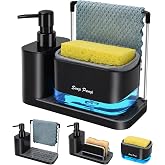 Hand and Dish Soap Dispenser Set with Tray, Dual Soap Dispenser with Sponge Holder and Dishcloth Holder 5-in-1 Organizer for 