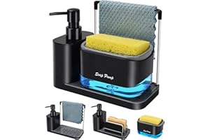BESTSEEK Hand and Dish Soap Dispenser Set with Tray, Dual Soap Dispenser with Sponge Holder and Dishcloth Holder 5-in-1 Organizer for Kitchen Sink Countertop Storage Organize - Useful Kitchen Gadgets (Black)